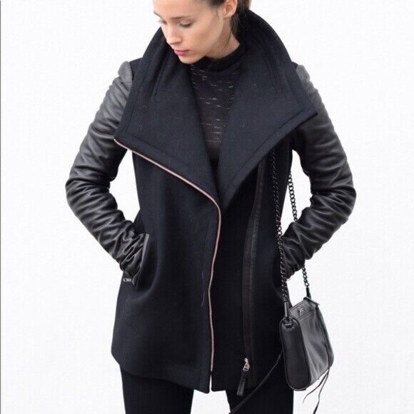 Mackage Odilia black wool and leather moto jacket w/ removable hood - Picture 2 of 11
